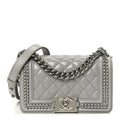 Chanel Iridescent Lambskin Quilted Small Chain Around Boy Flap Grey