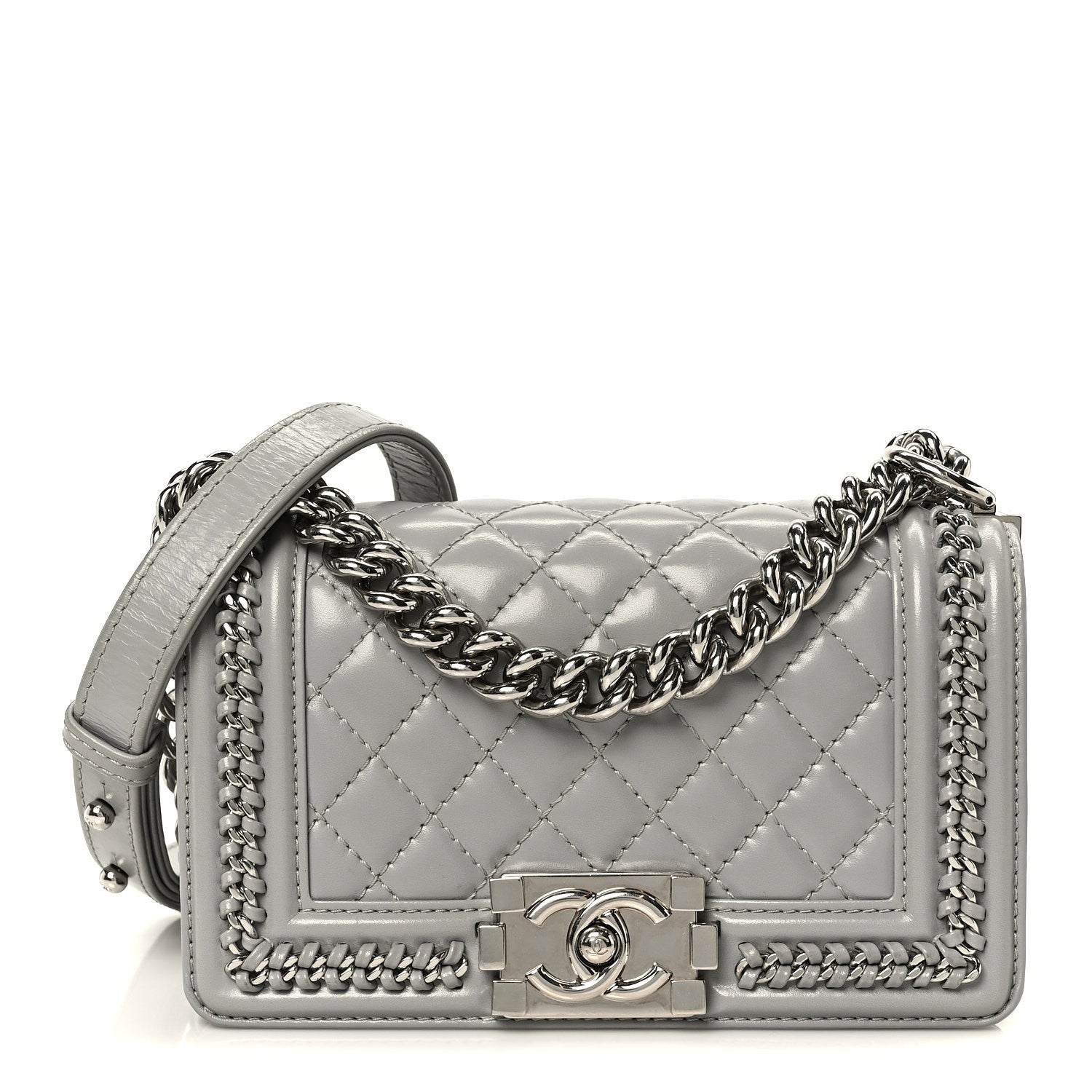 Chanel Iridescent Lambskin Quilted Small Chain Around Boy Flap Grey