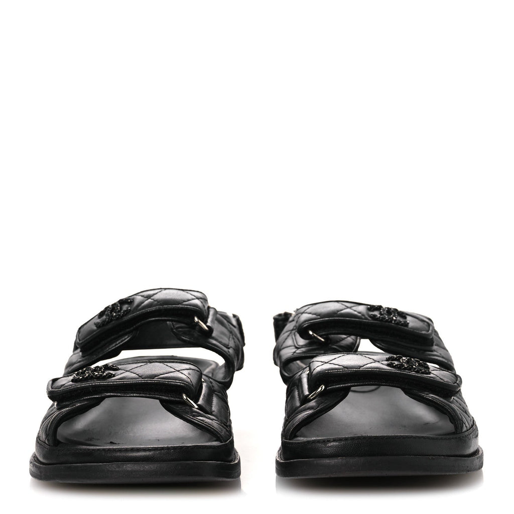 Lambskin Quilted Velcro Dad Sandals 38.5 So Black