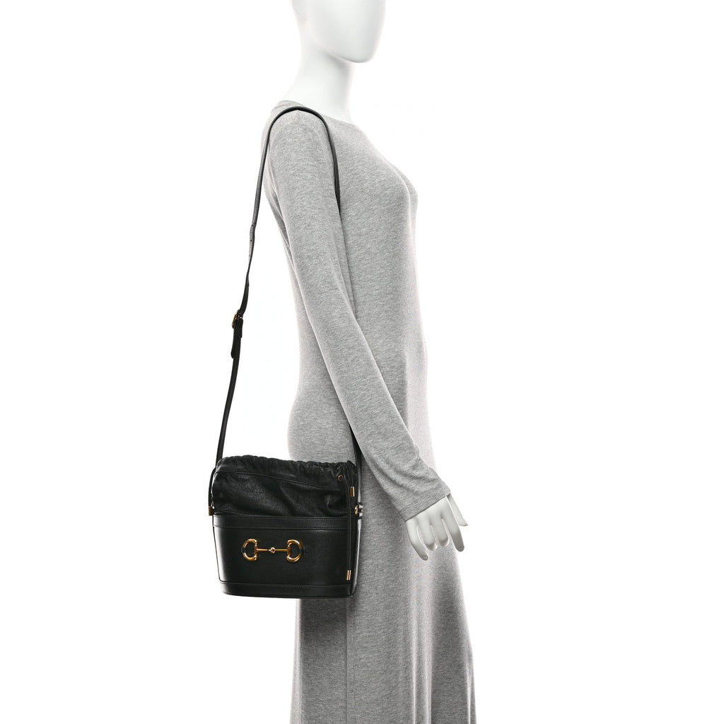 Gucci Azalea Sakai Calfskin Horsebit 1955 Drawstring Bucket Bag Black