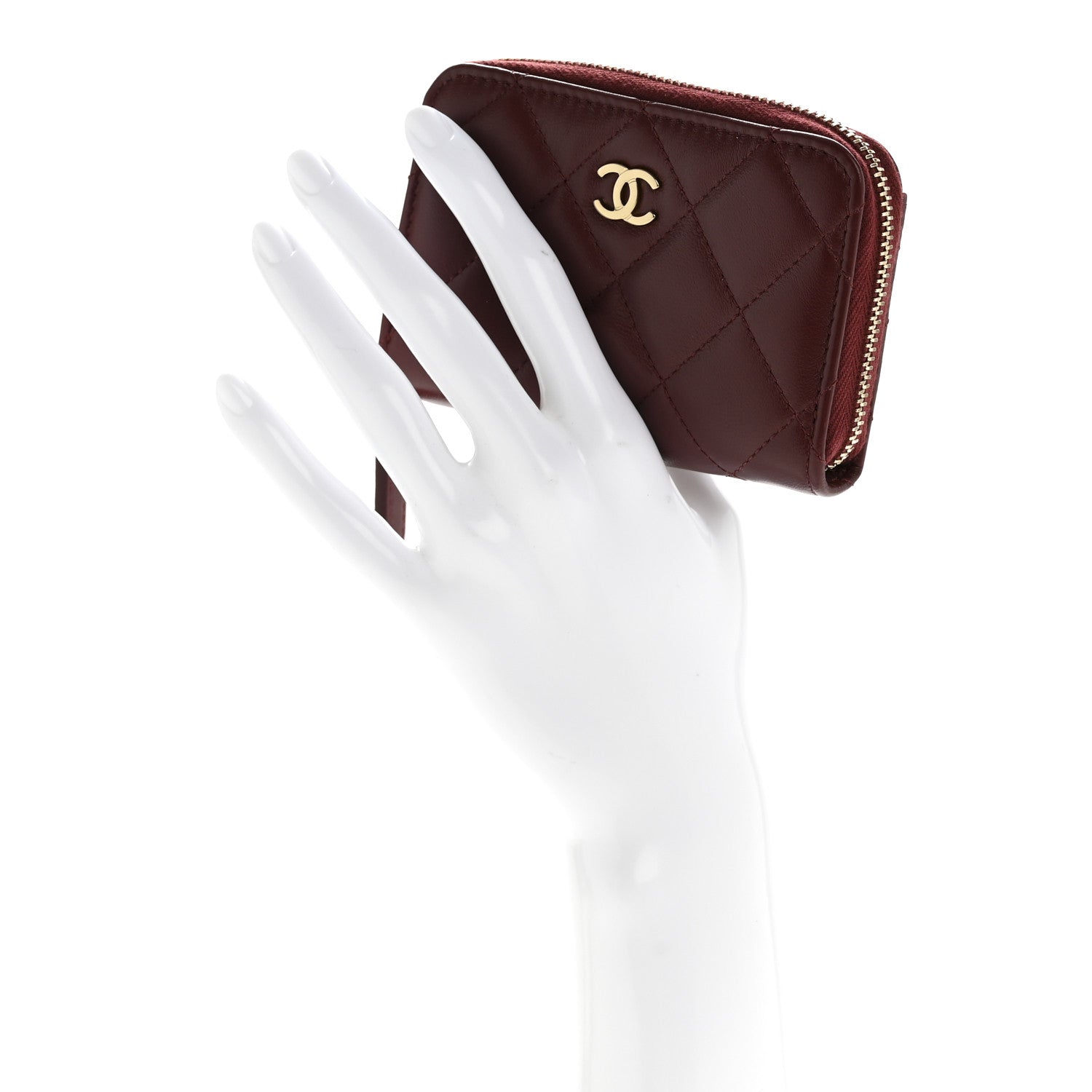 Lambskin Quilted Zip Around Coin Purse Wallet Burgundy