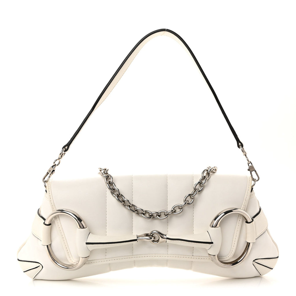 Gucci Nappa Vertical Matelasse Medium Maxi Horsebit Chain Shoulder Bag Mystic White