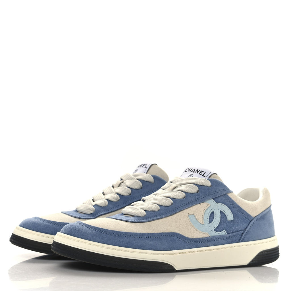 Chanel Suede Kidskin Womens CC Sneakers 39 White Blue