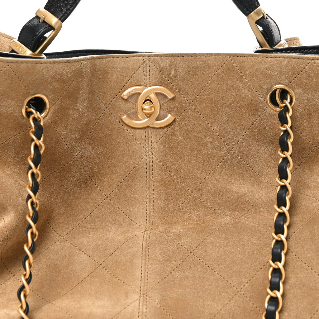 Chanel Suede Shiny Lambskin Quilted Large Shopping Bag Beige Black