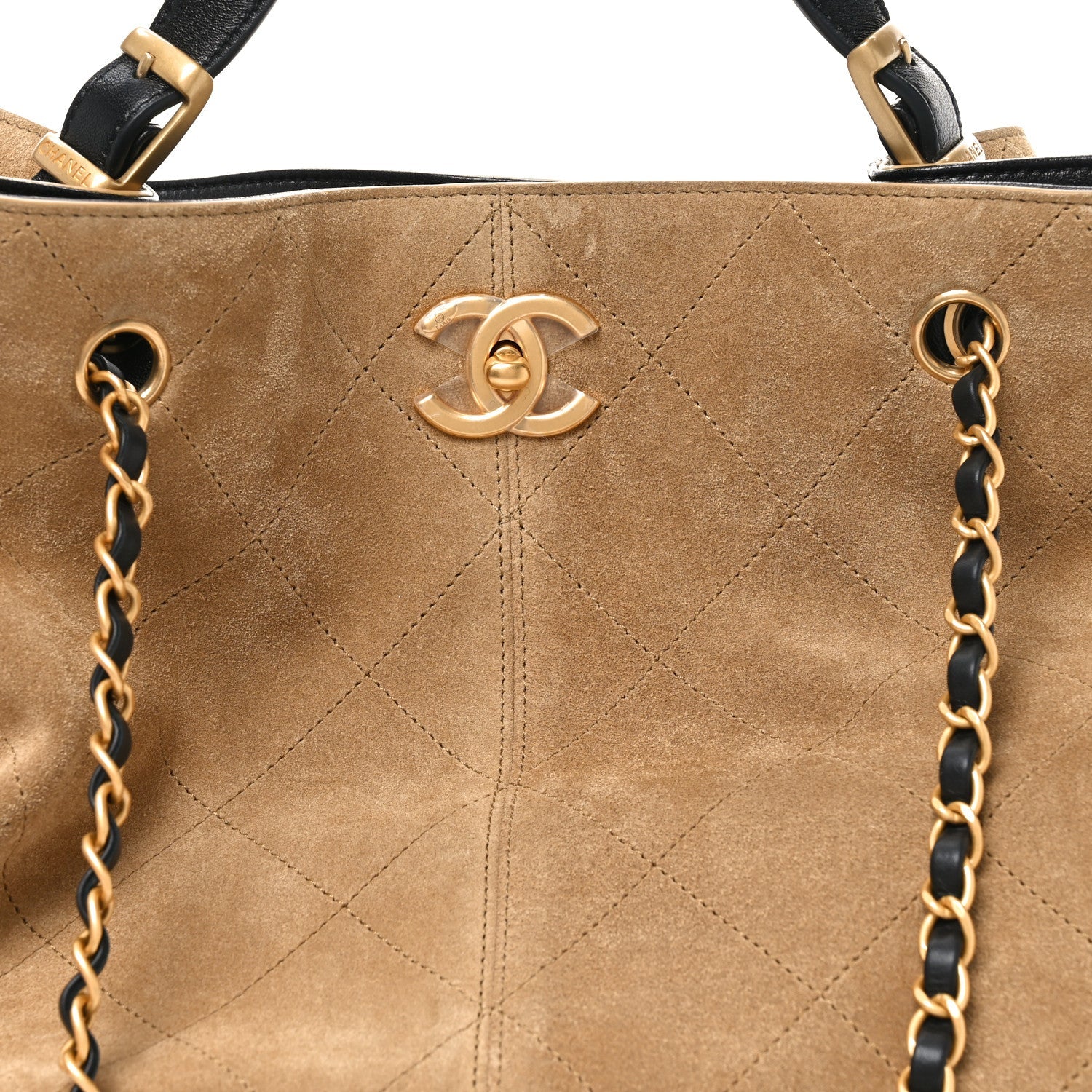 Chanel Suede Shiny Lambskin Quilted Large Shopping Bag Beige Black