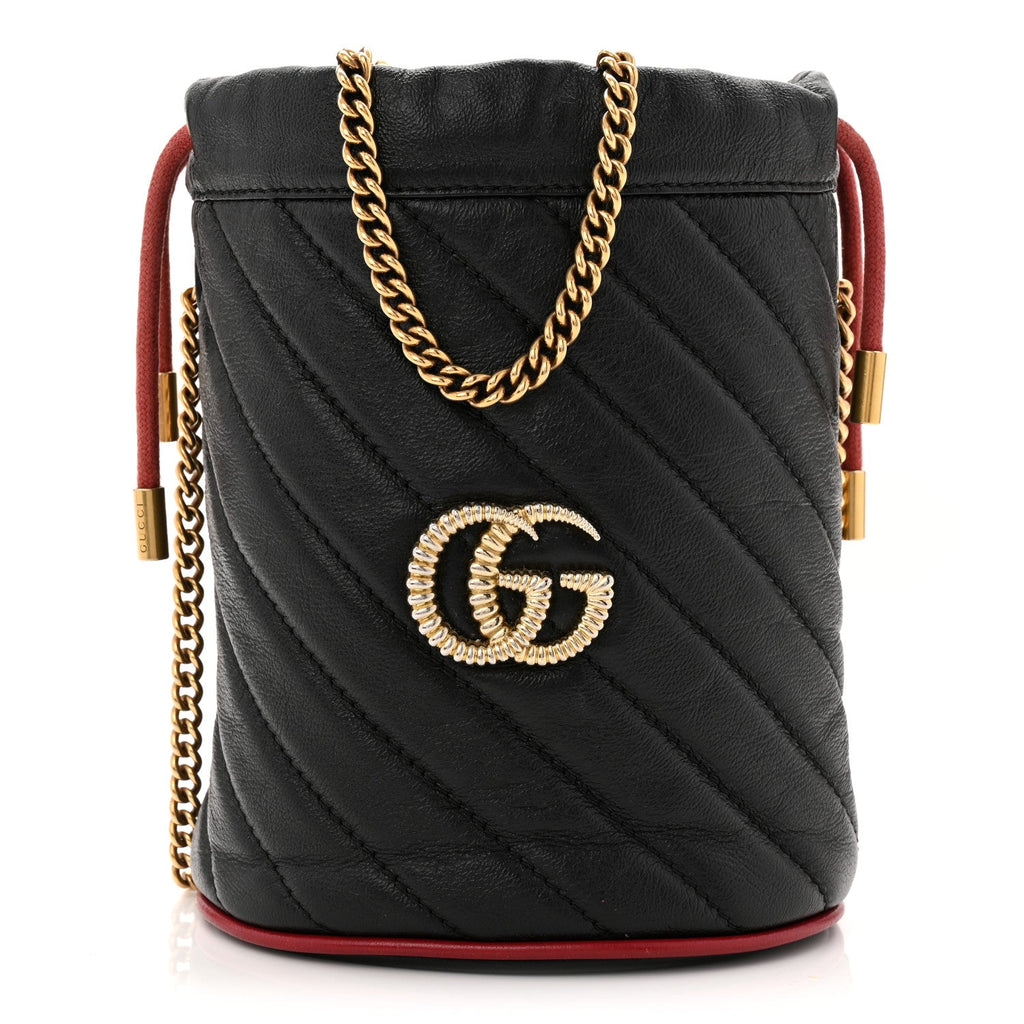 Gucci Vintage Effect Calfskin Matelasse Diagonal Mini Torchon GG Marmont 2.0 Bucket Bag Black Romantic Cherry