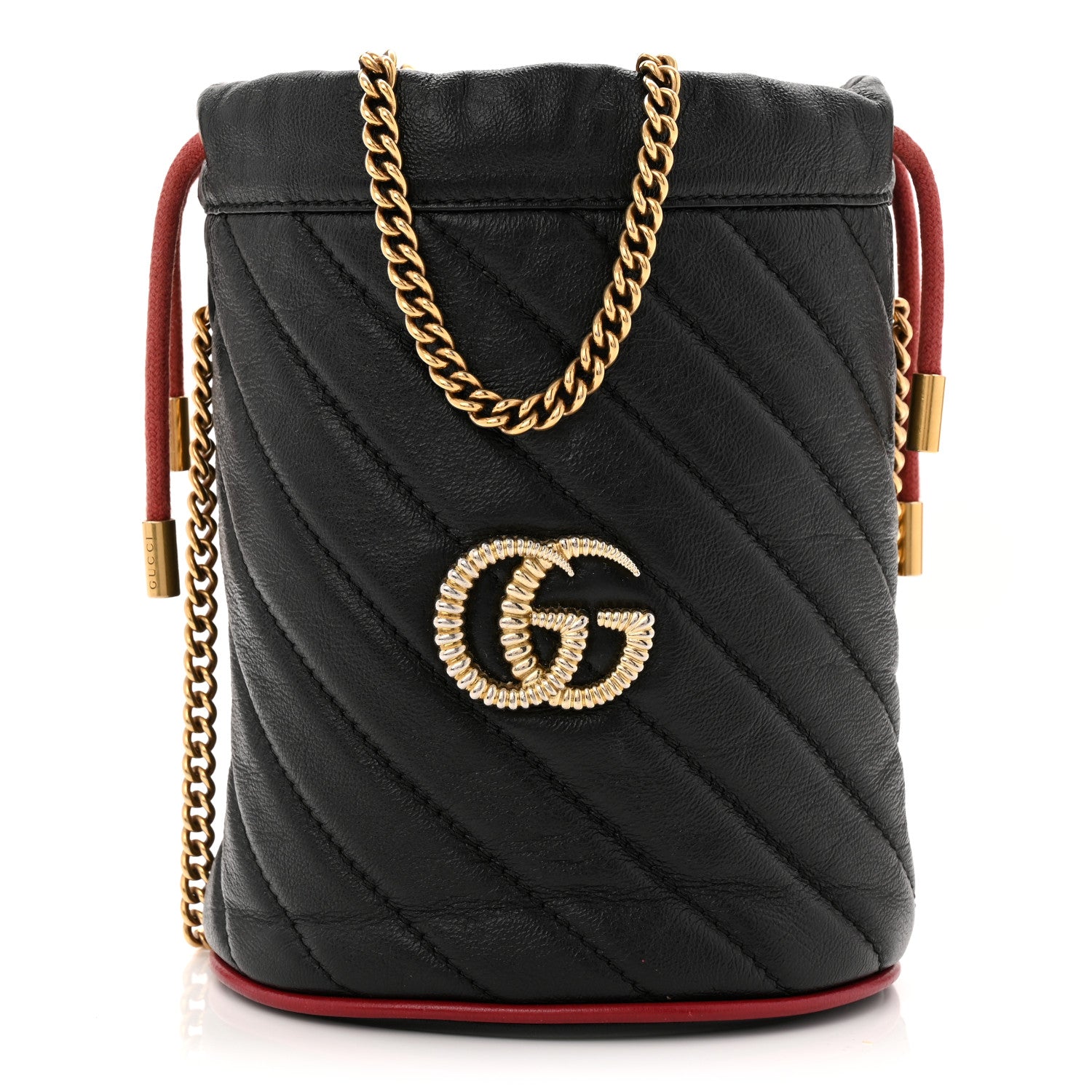 Gucci Vintage Effect Calfskin Matelasse Diagonal Mini Torchon GG Marmont 2.0 Bucket Bag Black Romantic Cherry