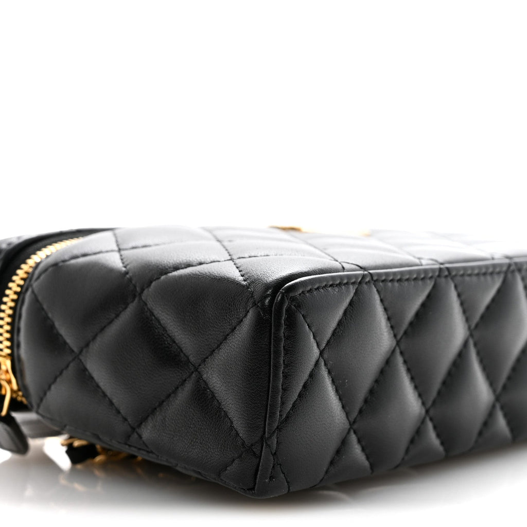 Lambskin Quilted Crystal Ridged CC Top Handle Slim Vanity Case With Chain Black