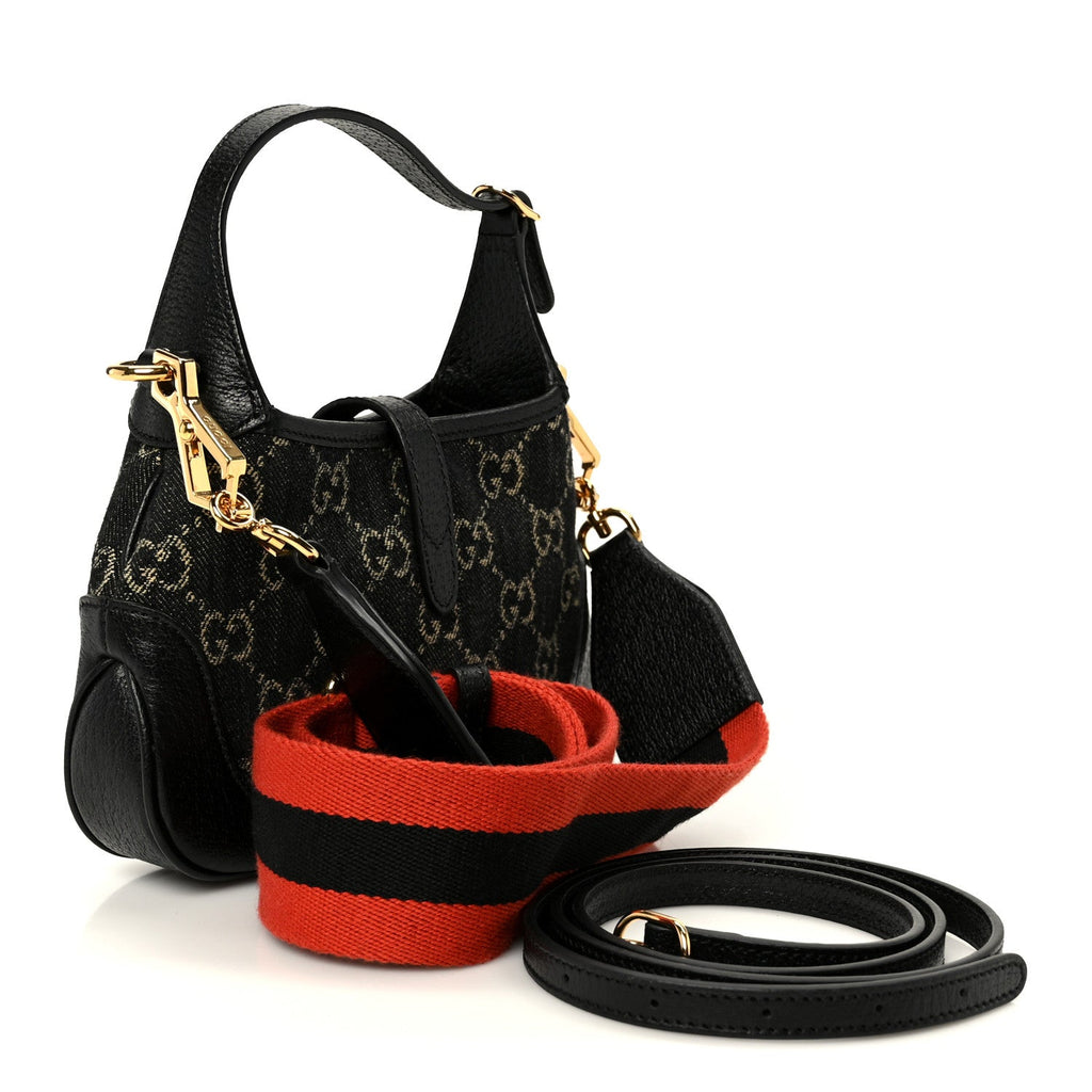 Gucci Jacquard Denim GG Monogram Small Jackie 1961 Hobo Black Ivory