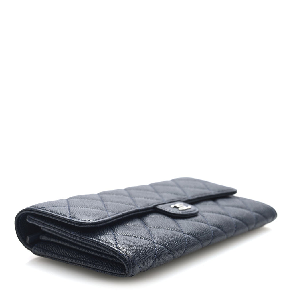 Caviar Quilted Large Gusset Flap Wallet Navy