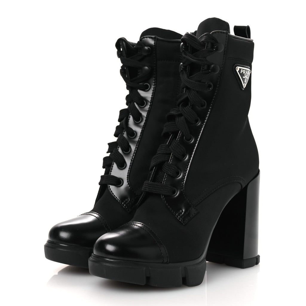 Prada Spazzolato Re-Nylon Metal Triangle Logo 110mm Ankle Boots 36.5 Black
