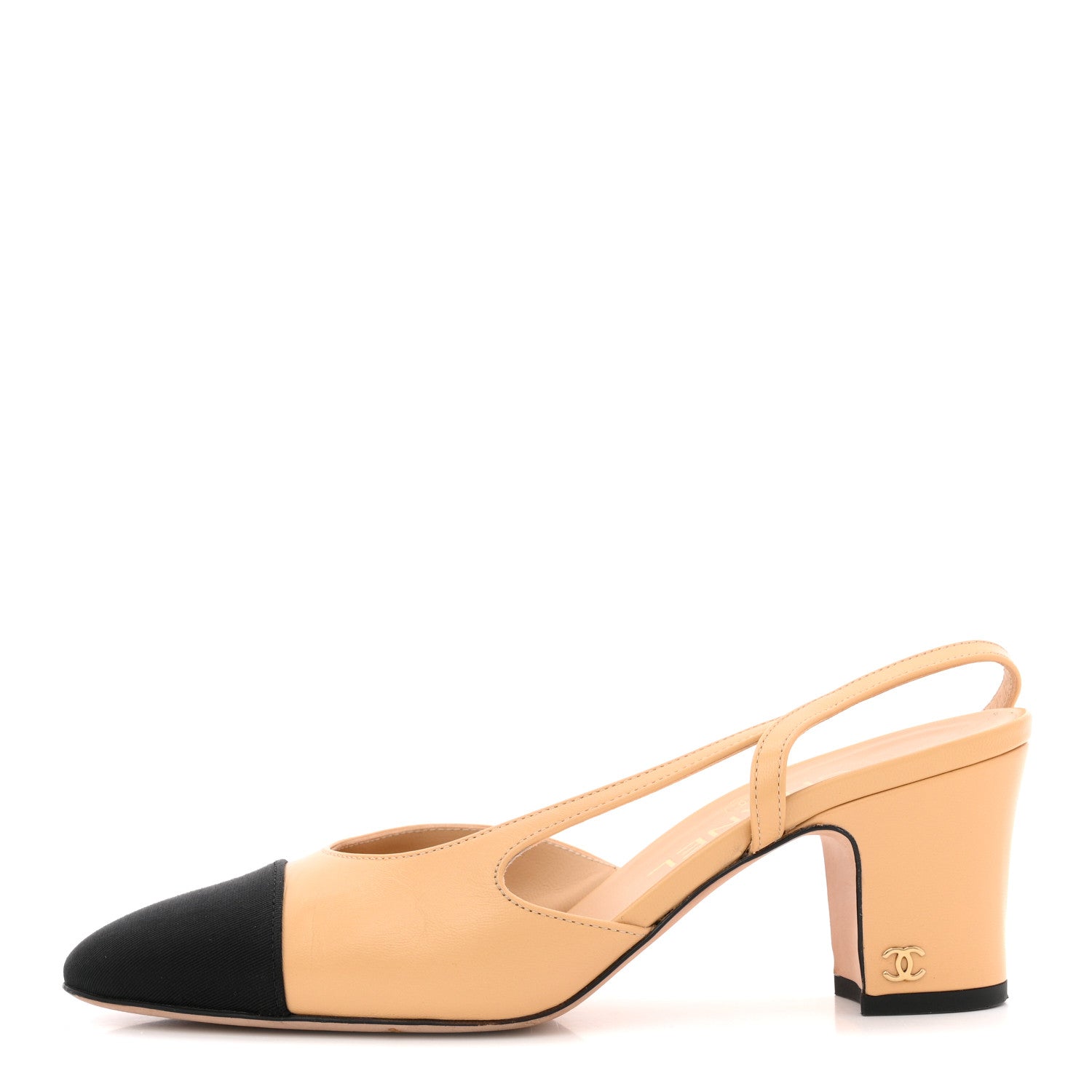 Goatskin Grosgrain Cap Toe CC Slingback Pumps 36.5 Beige Black