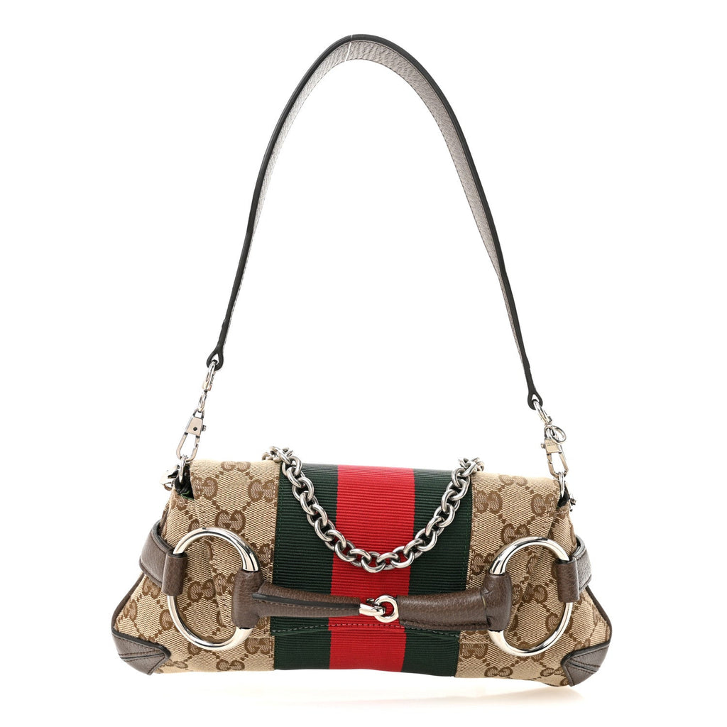 Gucci Monogram Textured Dollar Calfskin Heavy Grosgrain Web Small Maxi Horsebit Chain Shoulder Bag Beige Ebony New Acero