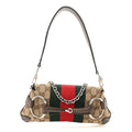 Gucci Monogram Textured Dollar Calfskin Heavy Grosgrain Web Small Maxi Horsebit Chain Shoulder Bag Beige Ebony New Acero