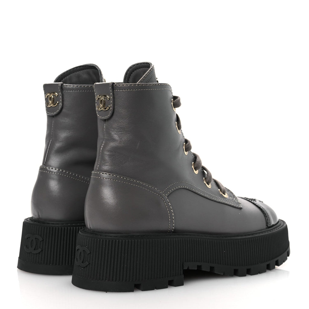 Calfskin Patent Calfskin CC Lace Up Combat Boots 36.5 Gray Black