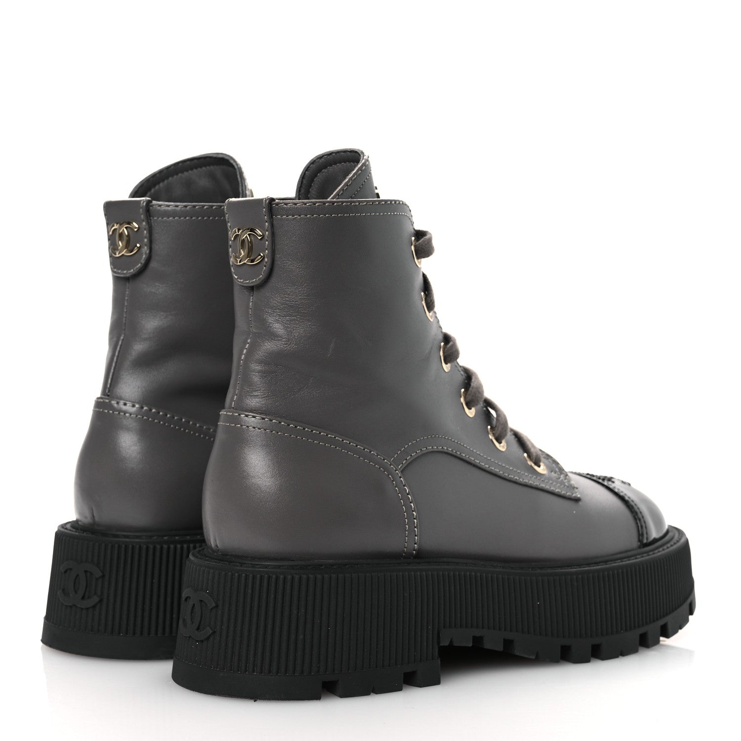 Calfskin Patent Calfskin CC Lace Up Combat Boots 36.5 Gray Black