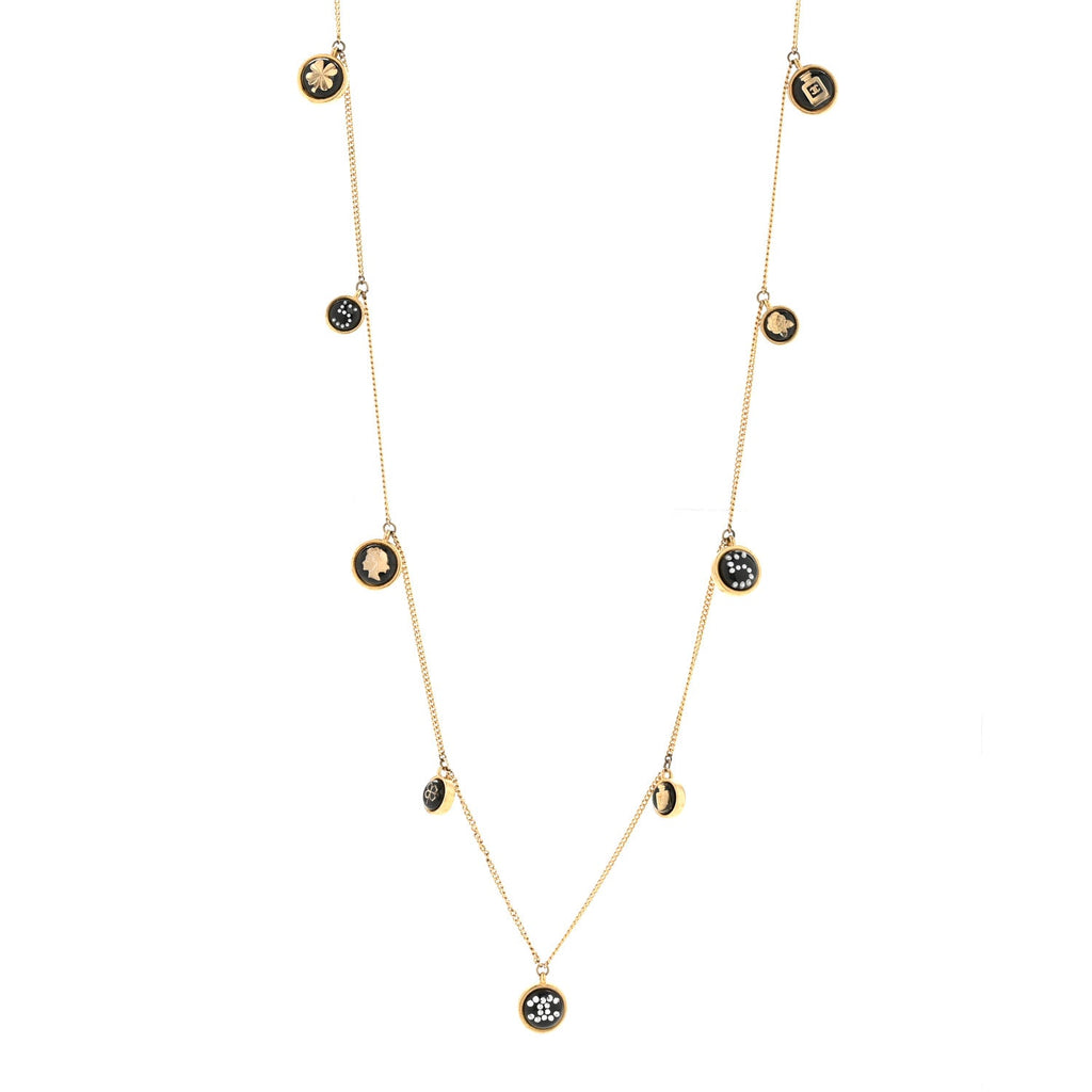 Chanel Metal Resin Enamel Crystal CC Long Necklace Gold Black