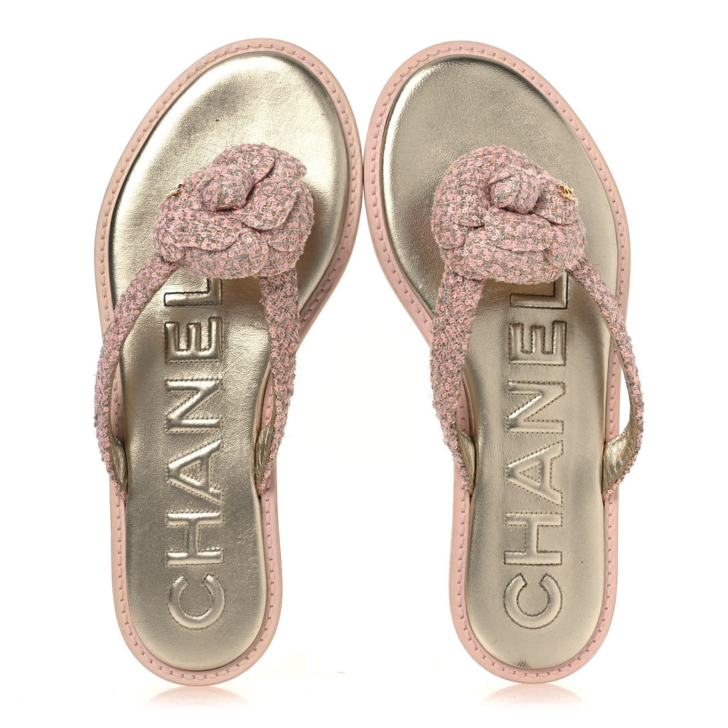 Chanel Tweed Camellia Thong Sandals 37.5 Salmon Apricot Gold
