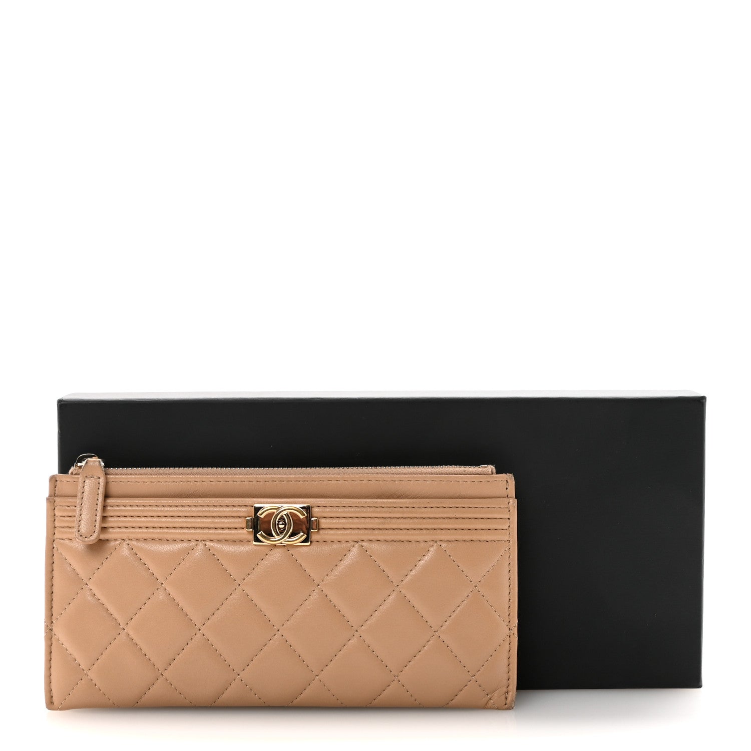 Lambskin Quilted Classic Zip Boy Pouch Beige