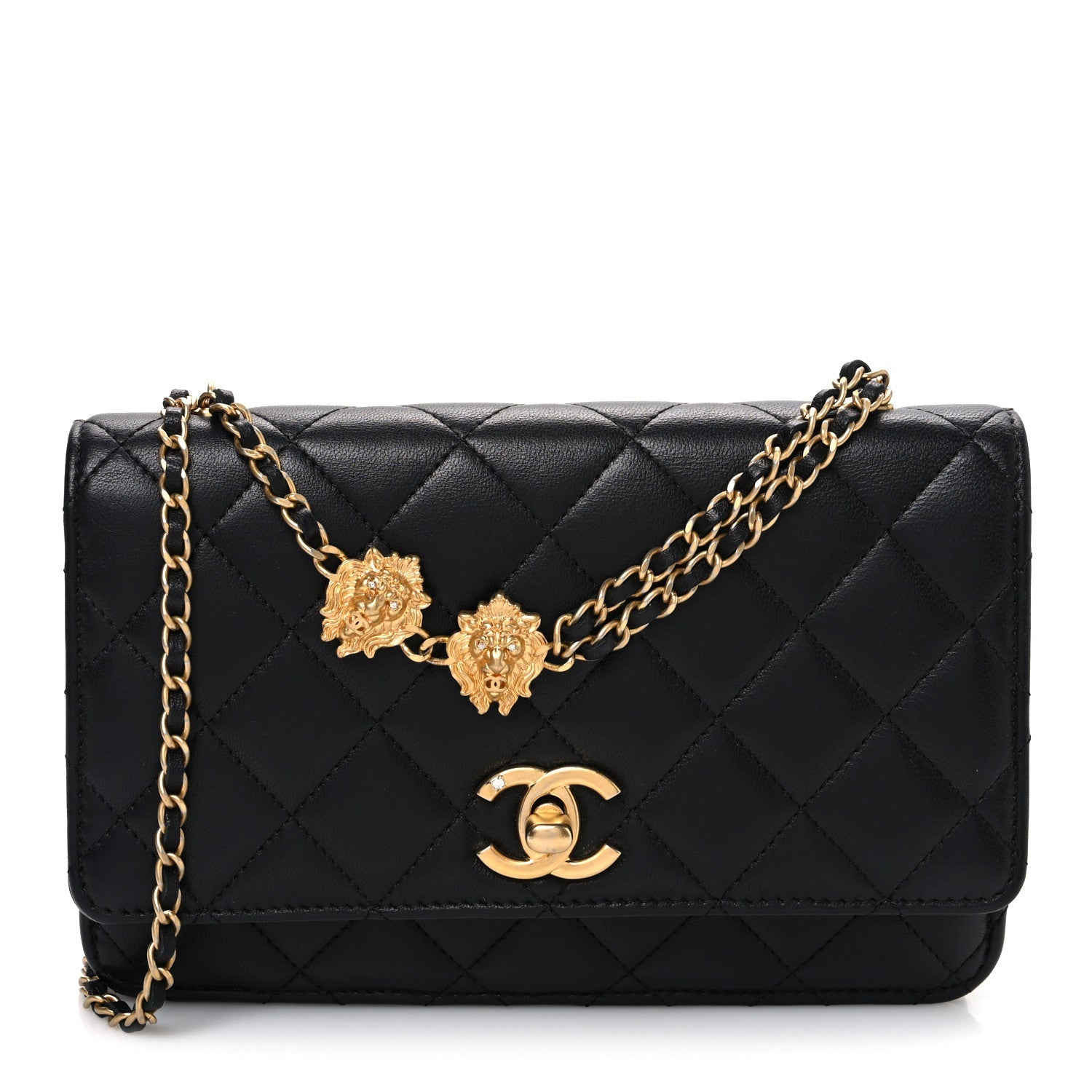 Chanel Lambskin Quilted Lion Motif Wallet On Chain WOC Black