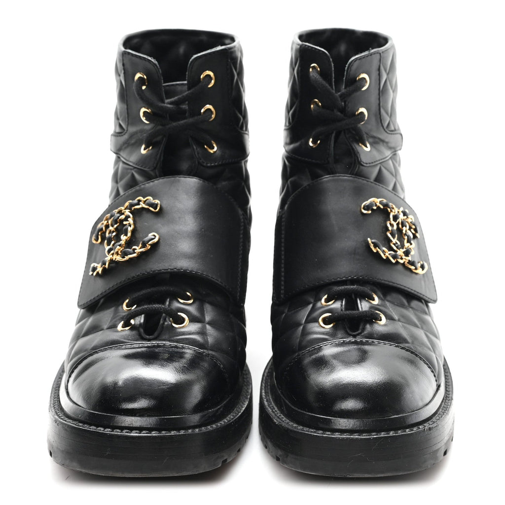 Chanel Shiny Calfskin Quilted Lace Up Combat Boots 38.5 Black