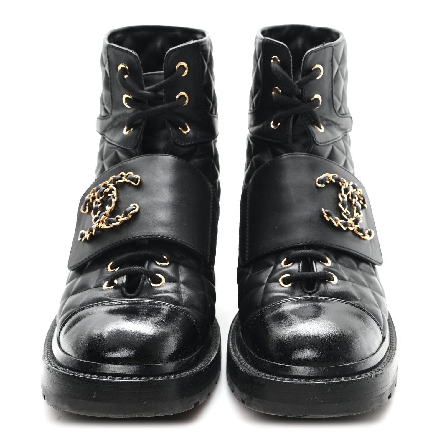Chanel Shiny Calfskin Quilted Lace Up Combat Boots 38.5 Black