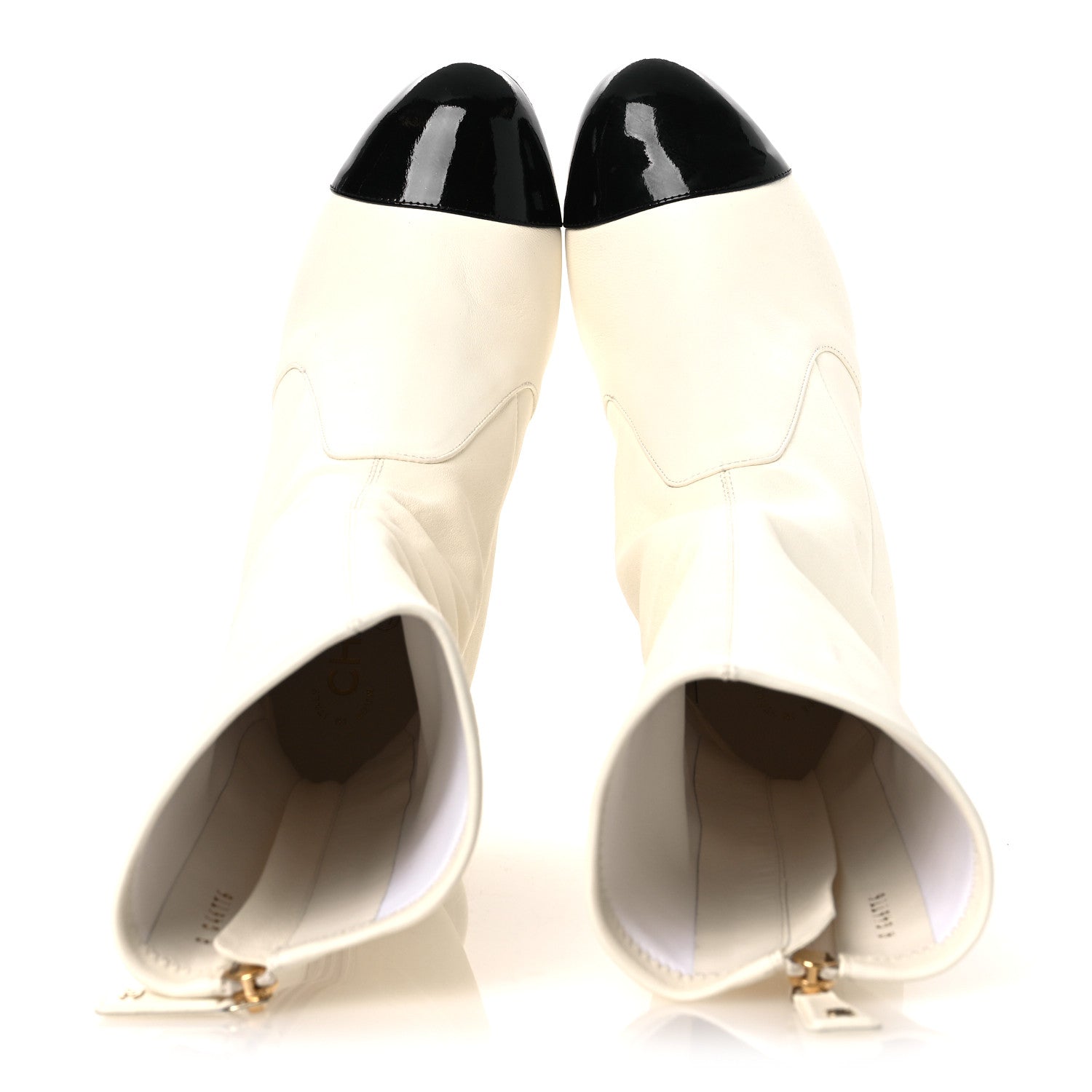 Chanel Stretch Lambskin Patent Cap Toe Pearl Ball Mid Calf Boots 39 White Black