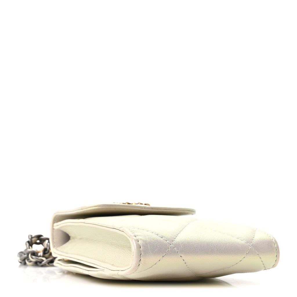 Iridescent Calfskin Quilted Chanel 19 Phone Holder With Chain White