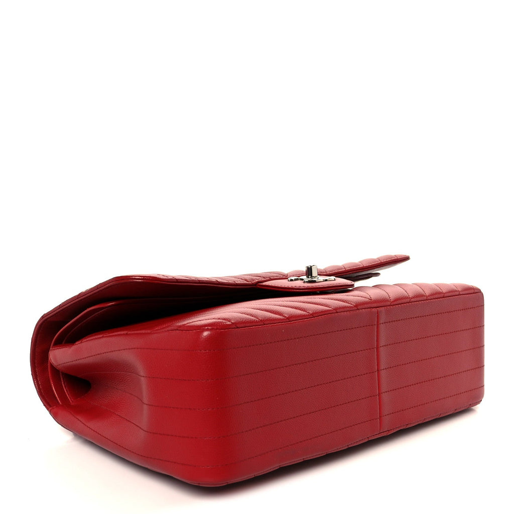 Chanel Caviar Chevron Quilted Jumbo Double Flap Dark Red