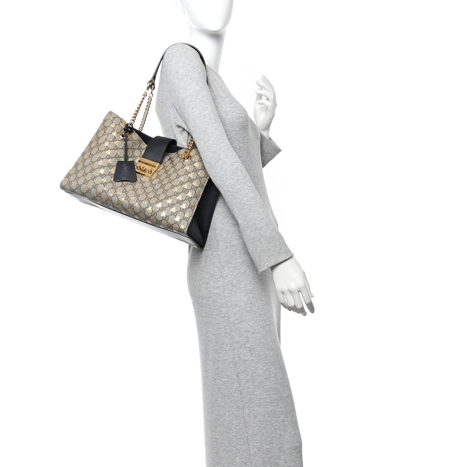 Gucci GG Supreme Monogram Bees Medium Padlock Tote Beige Oro Black