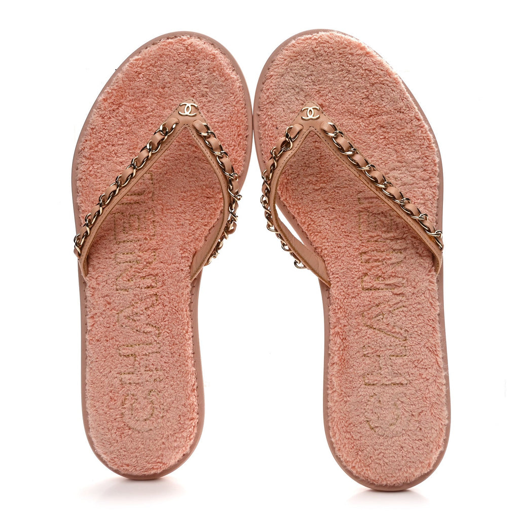 Lambskin Terry Cloth CC Chain Thong Sandals 37 Pink