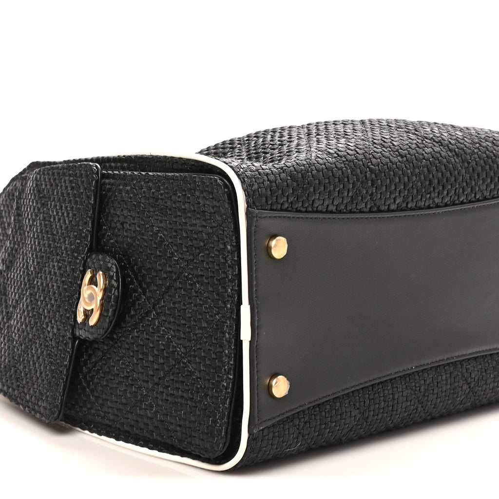Chanel Braided Raffia Calfskin Quilted Small Chanel 25 Handbag Black White