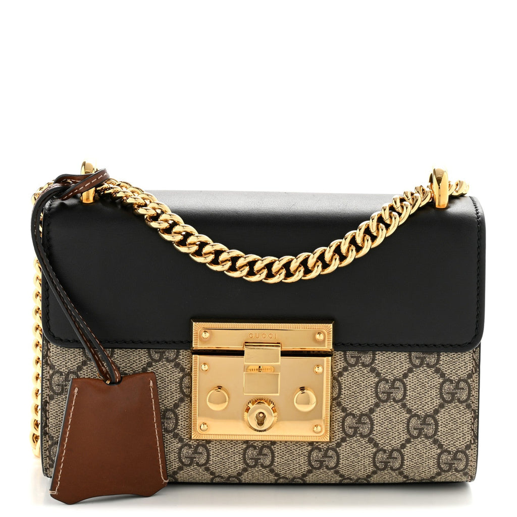 Gucci GG Supreme Monogram Calfskin Small Padlock Shoulder Bag Beige Black Cuir