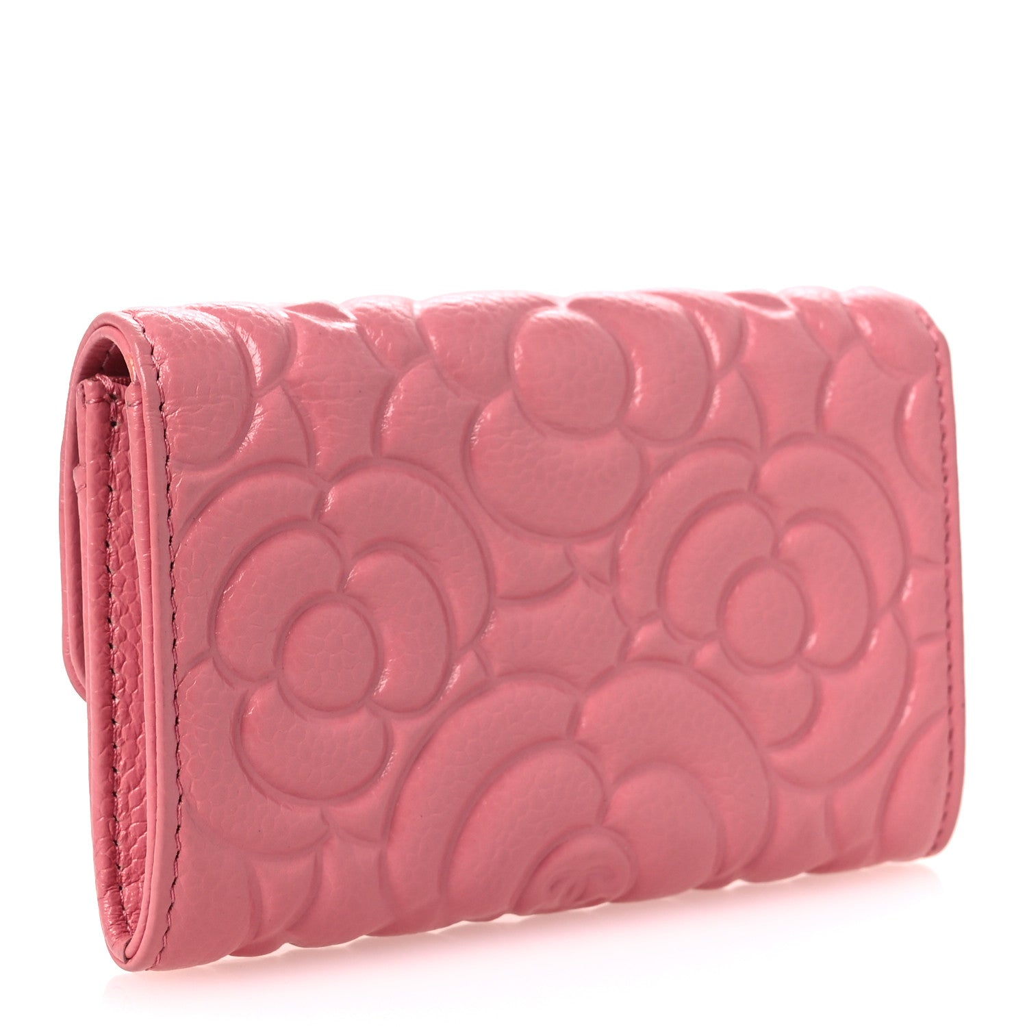 Caviar Camellia Embossed Card Holder Wallet Pink