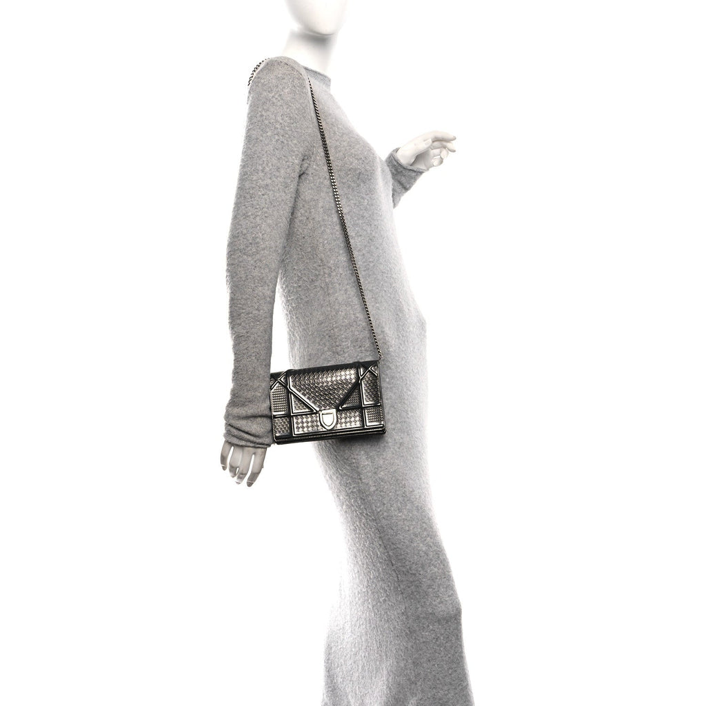 Christian Dior Metallic Patent Micro-Cannage Diorama Wallet on Chain Pouch Onyx Black