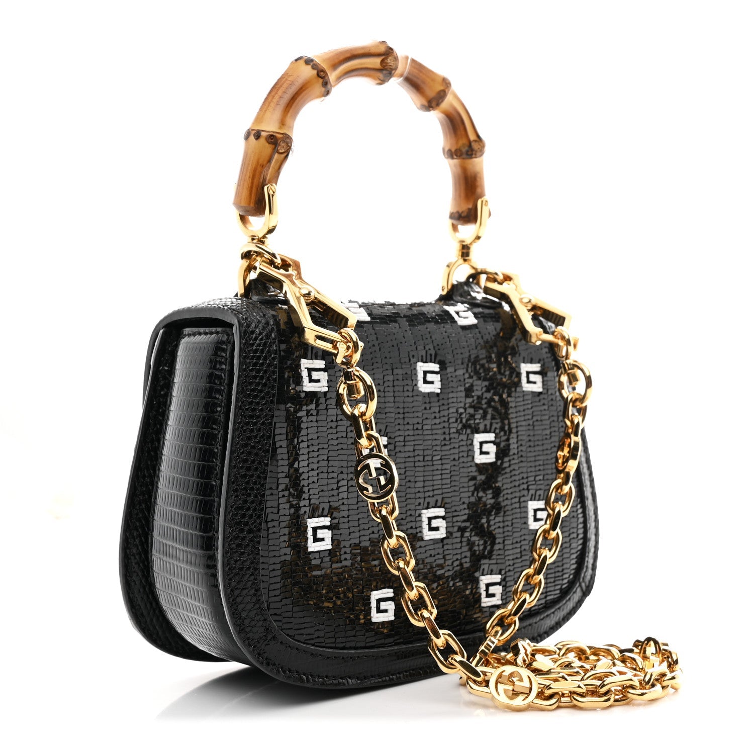 Gucci Sequin Lizard Embossed GG Mini Bamboo 1947 Top Handle Chain Bag Black White