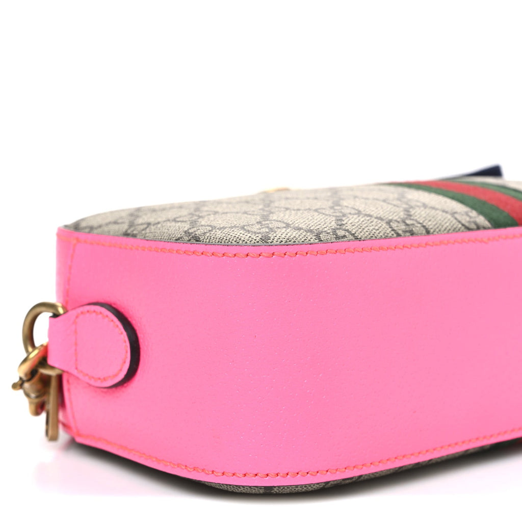 Gucci GG Supreme Monogram Textured Dollar Calfskin Web Ophidia Small Crossbody Bag Beige Ebony Fuchsia