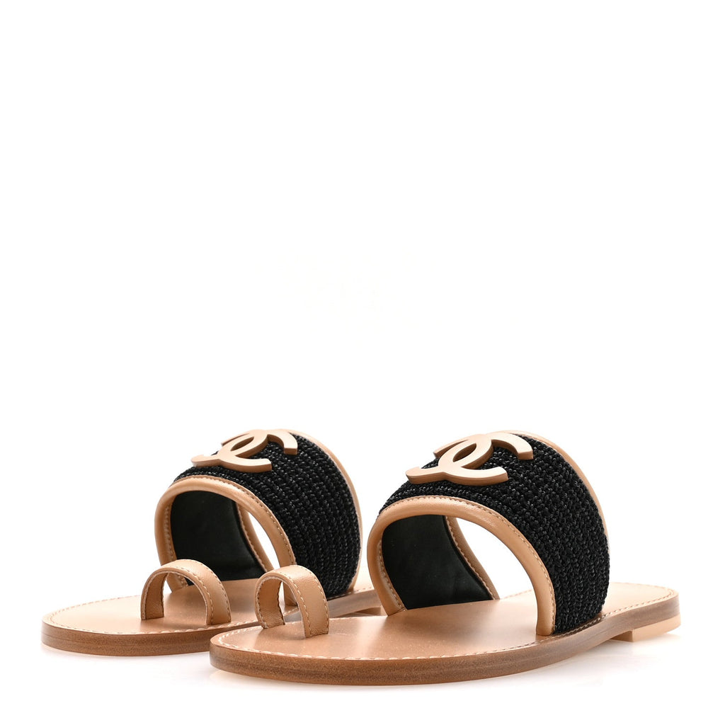 Raffia Lambskin CC Mules 37 Black Beige