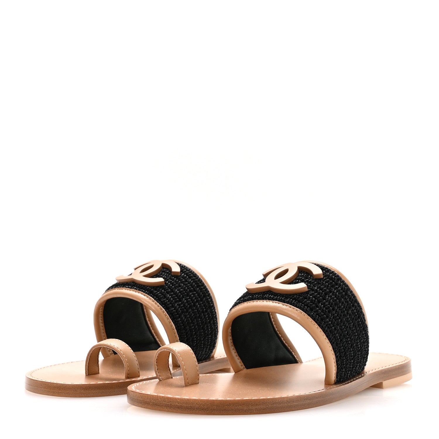Raffia Lambskin CC Mules 37 Black Beige