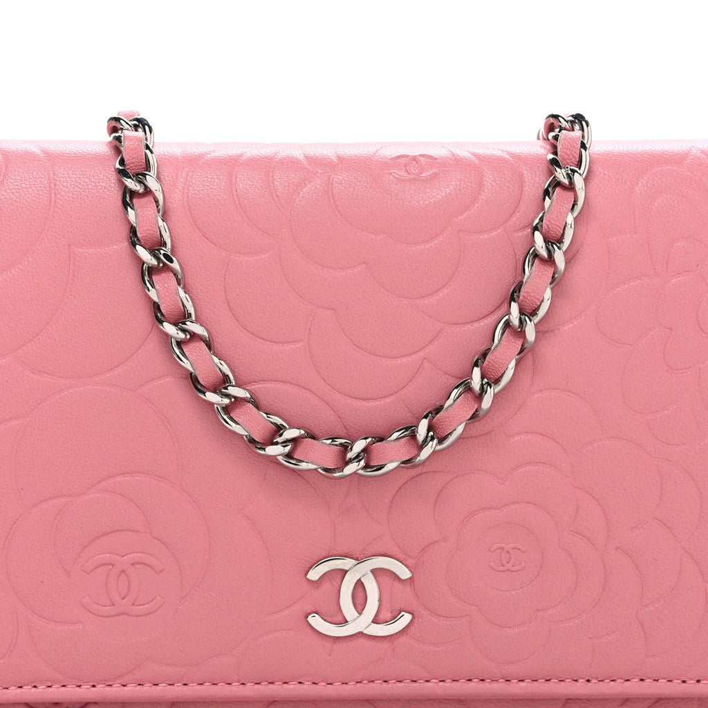 Chanel Lambskin Camellia Embossed Wallet on Chain WOC Pink