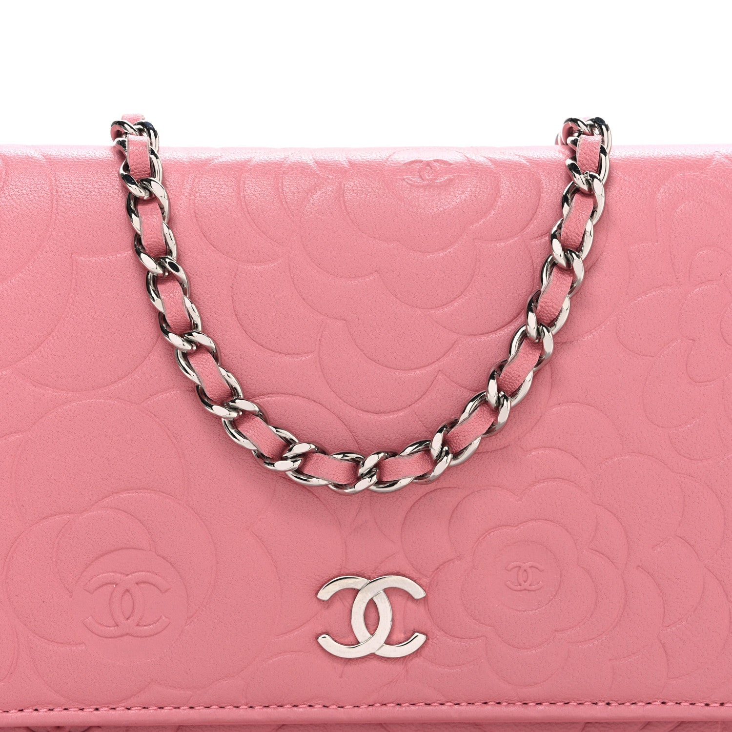 Chanel Lambskin Camellia Embossed Wallet on Chain WOC Pink