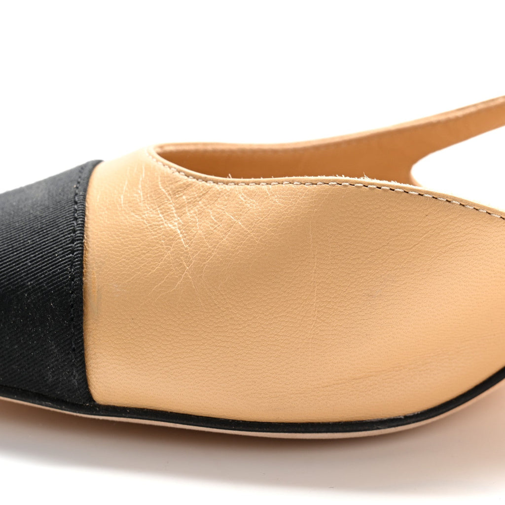 Goatskin Grosgrain Cap Toe CC Slingback Pumps 37 Beige Black