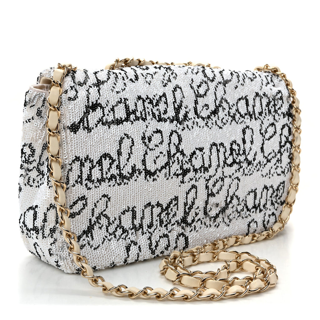 Chanel Sequin Logo Medium Flap White Black