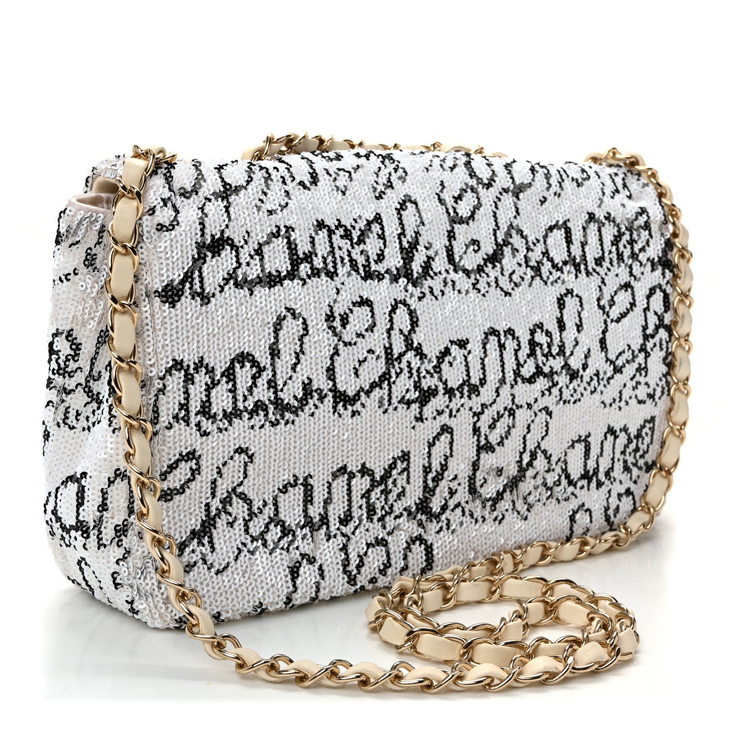 Chanel Sequin Logo Medium Flap White Black