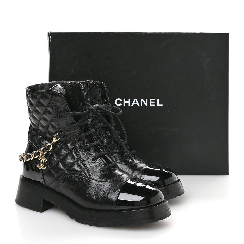 Chanel Shiny Calfskin Patent Quilted Chain Lace Up Combat Boots 40 Black