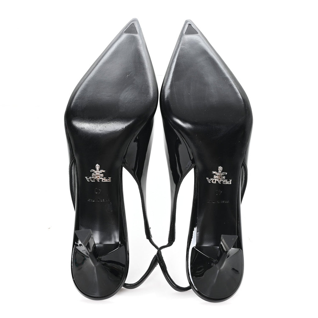Prada Vernice Logo Pointed Toe Slingback Pumps 40 Black