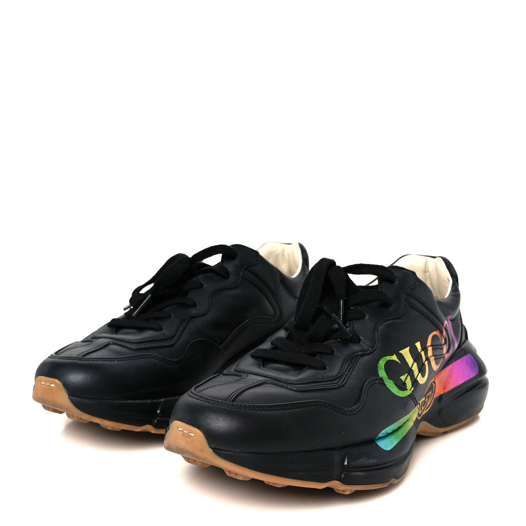 Gucci Calfskin Iridescent Logo Mens Rhyton Sneakers 8.5 Black