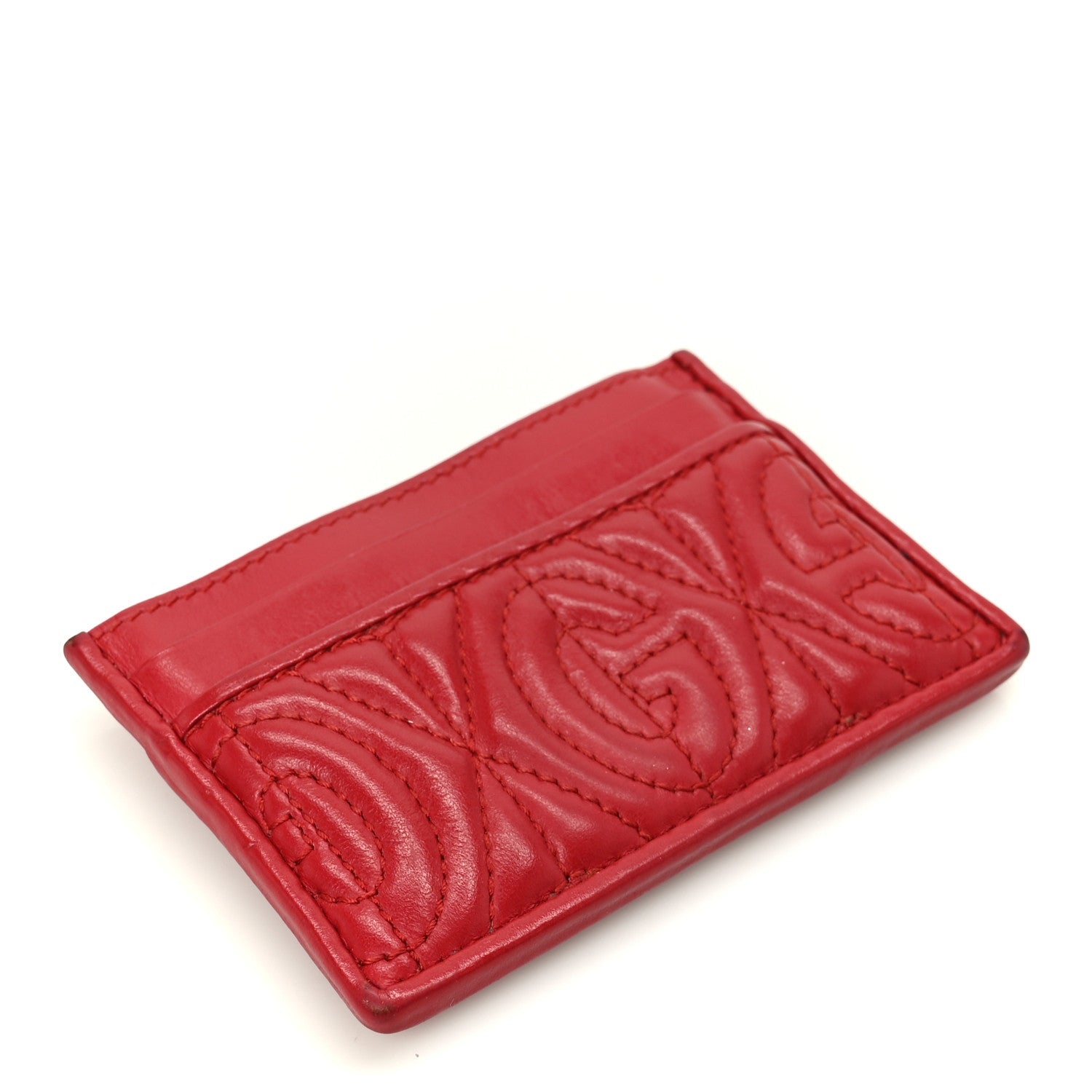 Gucci Calfskin G Rhombus Quilted Card Holder Hibiscus Red