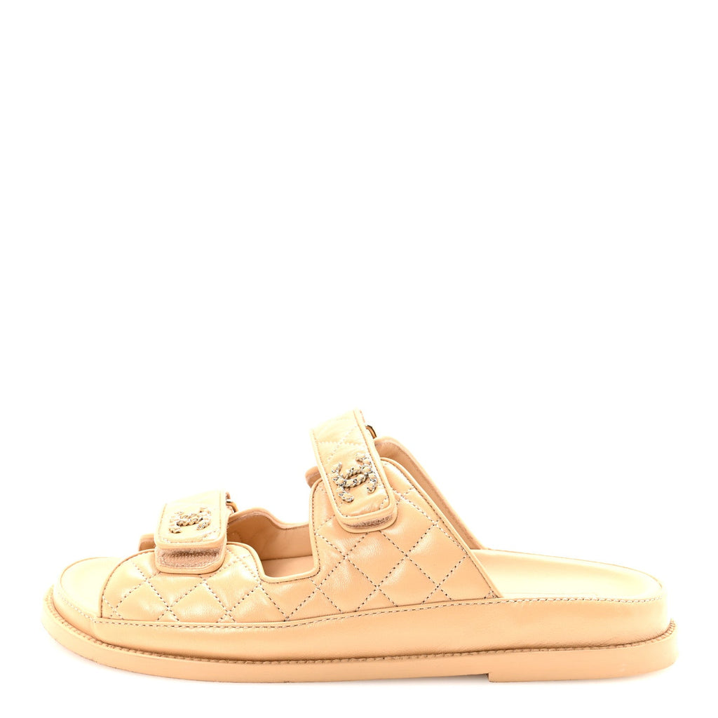 Lambskin Quilted Velcro Dad Chain CC Slide Sandals 39.5 Beige
