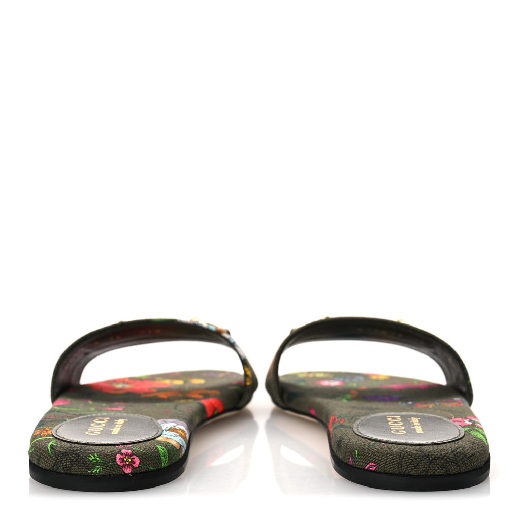 Gucci Canvas Flora Floral Horsebit Slide Sandals 36 Green